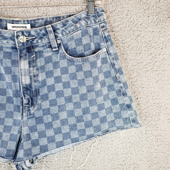 Vigoss Checker Print High Rise Raw Hem Denim Shorts Sz 32 - Picture 2 of 12